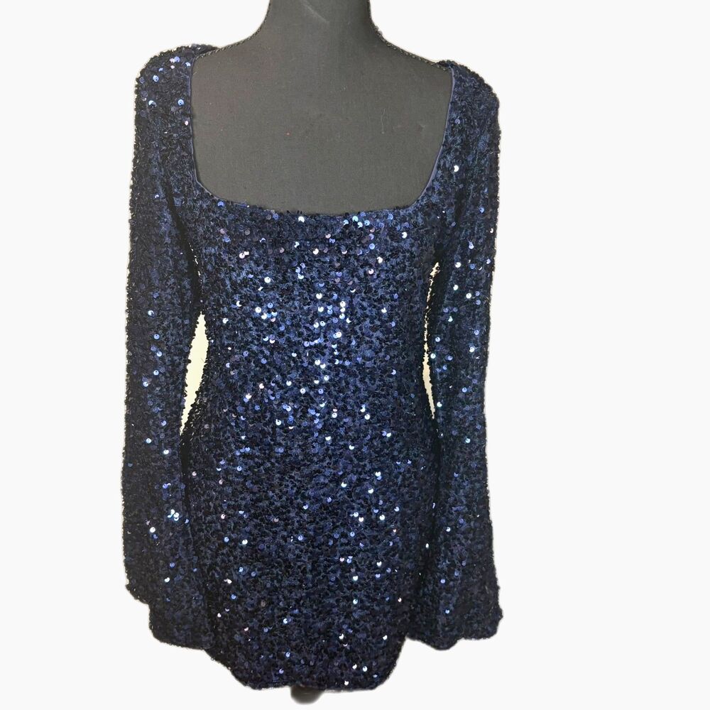 Princess Polly Vinelle Sequin Long Sleeve Mini Dress - Navy Blue Size 12 EUC
